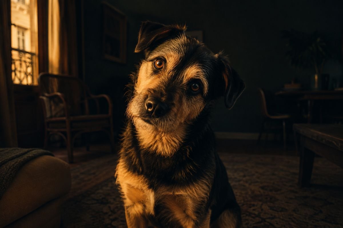 Perro mirando a cámara con la cabeza ladeada