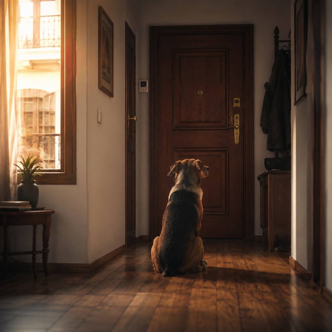 Perro esperando solo frente a la puerta de casa
