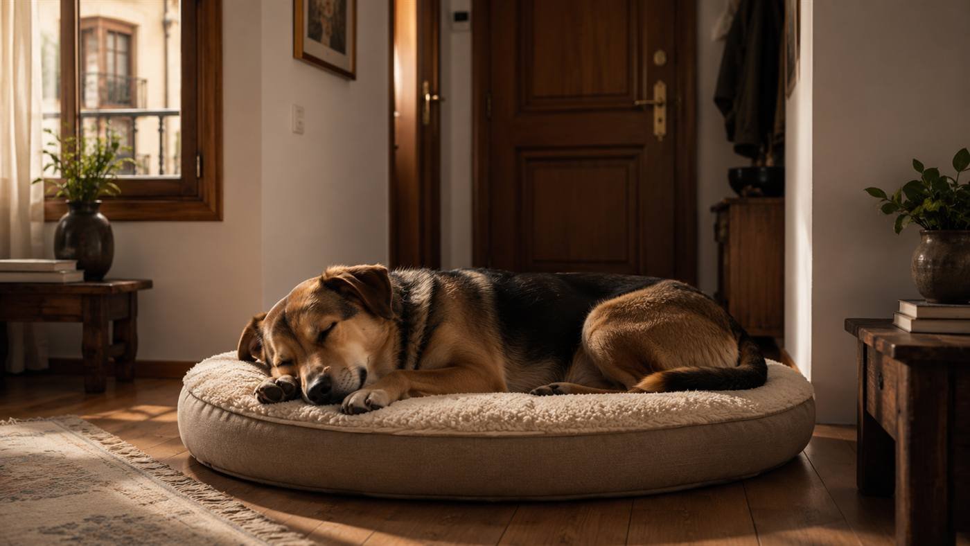 Perro tranquilo durmiendo en su cama